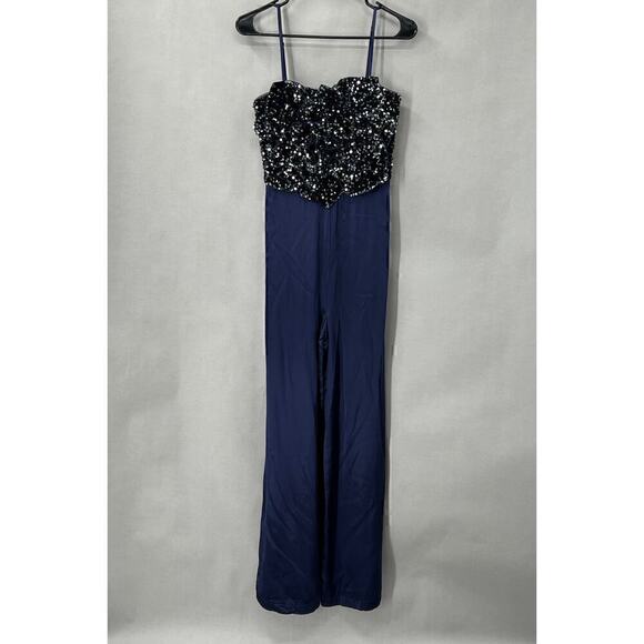 Badgley Mischka Navy Sequin Jumpsuit Womens 6 Formal Gala Evening - Picture 2 of 10
